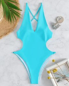 Lasaky - Cross Back Plunging Cutout One-Piece Swimsuit Cutout One Piece, Bra Materials, Backless Swimsuit, Bra Size Charts, Chic Type, Estilo Chic, Blue Swimsuit, Wireless Bra, Swimsuit Shops