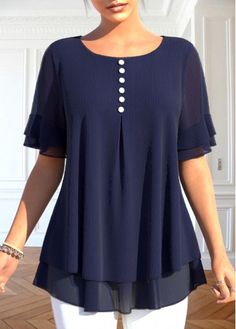 Color:Navy;Size:S;Size:M;Size:L;Size:XL;Package Contents:1 X Blouse;Occasion:Other;Style:Casual; Ladies Shirt Design, Blouse Size Chart, Making Patterns, Layered Short, Stylish Tops For Women, Short Sleeve Tunic Tops, Printed Silk Shirt, Trendy Fashion Tops, Pattern Sewing