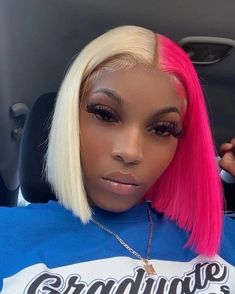 Half Blonde Pink Lace Front Wigs Bob Wigs Synthetic Hair Party Wigs for Women Pink Lace Front, Hair Colorful, Short Blonde Bobs, Kawaii Wigs, Blonde Bob Wig, Bob Cut Wigs, Blonde With Pink, Bob Lace Front Wigs, Short Human Hair Wigs