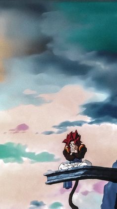 an anime scene with a person sitting on a ledge looking at the sky and clouds