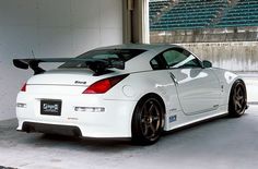 a white sports car parked in a garage