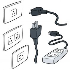 an electric outlet with three plugs and two wires connected to it, one plugged in