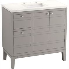 a white sink sitting on top of a gray cabinet