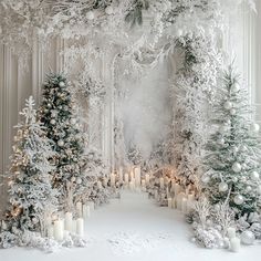 a white christmas scene with candles and trees