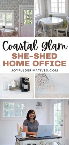 a woman sitting at a table with a laptop computer in front of her and the words coastal glam she - shed home office