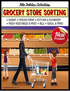 an advertisement for grocery store sorting with children shopping in the aisle and one man pushing a cart full of groceries