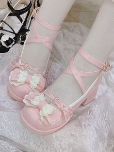 Spring Harajuku Ankle Strap Heels, Pink Kawaii Closed Toe Heels, Spring Heels With Ribbon And Round Toe, Spring Ribbon Heels With Round Toe, Pink Kawaii Heels, Cute Flat Heel Mary Janes For Spring, Cute Bow Heels For Spring, Pink Closed Toe Mary Janes For Summer, Cute Mary Janes With Round Toe For Spring