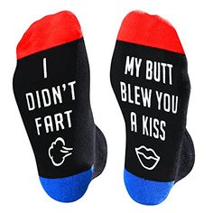 FART SOCKSSocks for women and men with funny sayings. The bottom of the socks with non-slip design is printed with an interesting proverb “I Don't Fart, My Butt Blew You A Kiss”. Weird “fart” pattern and silly “kissing” pattern are very funny. Funny fart socks for men, fart socks for women, weird I don't fart socks.SIZE & PACKINGFunny fart gifts for men and women. ONE SIZE FITS MOST - Unisex design is suitable for most men’s US size 6-13 and most women’s US size 7 and above.QUALITY MATERIALS Funny Handmade Gifts, Weird Socks, Fart Gifts, Funny Joke Gifts, Joke Gifts, Silly Socks, Silly Gifts, Fart Humor, Funny Pajamas