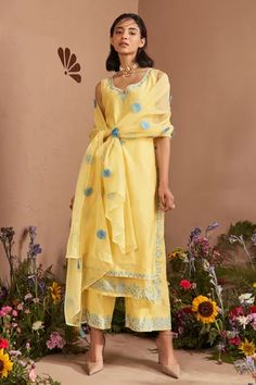 Shop for Dohr India Yellow Neckline Embroidered Straight Kurta Set for Women Online at Aza Fashions Sheer Dupatta, Embroidery Neckline, Yellow Kurta, Chanderi Dupatta, Embroidered Organza, Straight Kurta, Pattern Embroidery, Embroidered Neckline, Kurta Set