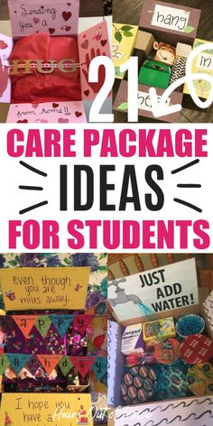 the words care package ideas for students are shown in this collage with different pictures