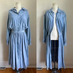 CURRENTLY OUT OF TOWN / THIS WILL SHIP AFTER OCTOBER 19TH. ENJOY 30% OFF - DISCOUNT ALREADY TAKEN!  Vintage light weight chambray shirt dress with buttons all the way down the front. Era✦ 1980s Material✦ cotton  Closure✦ front buttons  Condition✦ excellent vintage (cleaned & comes from a smoke-free home) ✂Measurements: Please do not go by its original tag size. Always go by the measurements listed below!!taken flat and doubled. Fits like women's S, narrow waist.  shoulder: 19"  sleeve: 23"  bust Narrow Waist, Chambray Denim Shirt, Dress With Buttons, Chambray Shirt Dress, Chambray Dress, Denim Shirt Dress, Chambray Shirt, Dress Form, Vintage Lighting