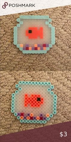 Homemade fishbowl Perler Bead Fish Bowl, Fish Bowl Perler Beads, Pegboard Beads Ideas, Cute Pearled Bead Ideas, Cute Pearler Beads Designs Ideas, Perler Bead Patterns Fish, Pearler Beads Easy, Pearl Or Bead Designs, Aqua Bead Ideas