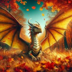 a dragon sitting on top of a field next to autumn leaves in the grass and trees