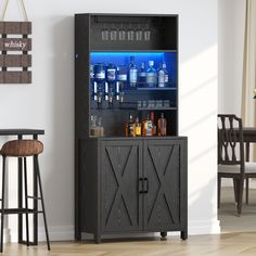 a bar cabinet with liquor bottles on it