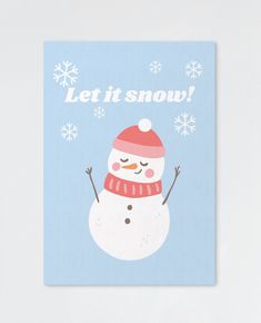 a card with a snowman wearing a red hat and scarf on it's head