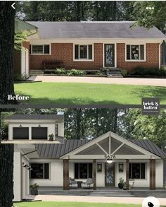 the before and after pictures of a brick ranch house with an open front porch, covered in metal roofing