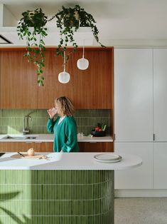 a woman standing in front of a kitchen counter with plants hanging from it's ceiling