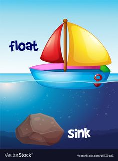 a boat floating in the ocean with a rock under it and an alphabet for float