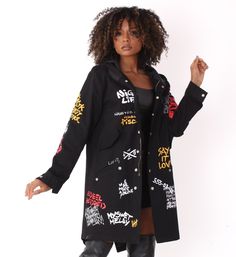 For Her NYC 81782 1 piece Hooded Jacket Colors: Black, Khaki Sizes: S, M, L, XL, 1X, 2X Urban Style Parka For Streetwear In Fall, Casual Black Windbreaker With Detachable Hood, Casual Black Parka For Streetwear, Urban Black Windbreaker With Adjustable Hood, Black Hooded Jacket With Pockets For Fall, Fall Black Hooded Jacket With Pockets, Oversized Black Windbreaker With Double-lined Hood, Trendy Streetwear Parka With Double-lined Hood, Trendy Black Windbreaker