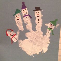 a hand with snowmen painted on it