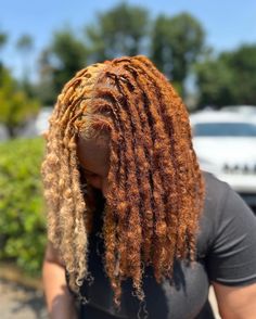 Dreads Hair Color Ideas, Half And Half Hair Color Dreads, Natural Loc Colors, Pb J Hair Color Locs, Different Loc Colors, Dyed Dreadlocks Women, Fall Locs Color, Died Dread Locks, Hair Dye Ideas Dreads