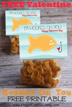 two valentine's day treat bags with free printables for the fish and hook on you