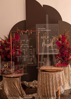 two tables with gold sequins and red flowers