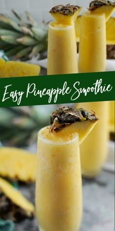 pineapple smoothie in tall glasses with the words easy pineapple smoothie