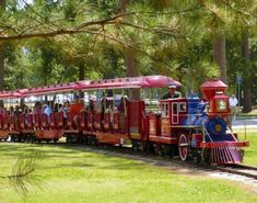 a red and blue train with people riding on it's sides in the park