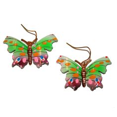 "Vintage Enamel Butterfly Earrings - made by me using vintage enamel charms. Very vibrant! These measure 1.5\" long including hooks. Hooks are nickel free." Whimsical Green Hand Painted Earrings, Playful Enamel Earrings Nickel Free, Playful Enamel Nickel-free Earrings, Playful Enamel Nickel Free Earrings, Retro Green Enamel Jewelry, Multicolor Novelty Earrings, Playful Handmade Enamel Jewelry, Whimsical Enamel Earrings Nickel Free, Vintage Green Enamel Earrings