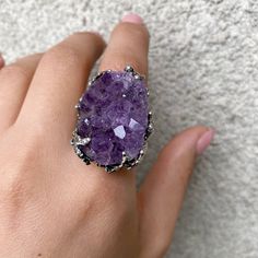 Huge Druzy amethyst ring Sterling silver Purple raw stone rings for women, Amethyst crystal ring, made in Armenia 【FULL DETAILS】 ► Gemstone: natural amethyst ► RING SIZE: All size available ► RING WEIGHT: 30 gr ► Length and width: 33 * 25 mm ►Height from the finger: 15 mm All our jewelry is crafted with great attention to detail! We strive to provide you the best quality, modern design, and perfect look!! All our jewelry is made of high-quality sterling silver and is stamped with a 925 stamp Thi Amethyst Ring With Natural Stones As A Gift, Amethyst Ring With Stones For Anniversary, Healing Amethyst Ring, Amethyst Ring For Jewelry Making, Elegant Natural Amethyst Stone Ring, Unique Amethyst Rings With Gemstone Accents, Elegant Amethyst Ring With Natural Stones, Fine Jewelry Amethyst Ring Gift, Amethyst Rings With Natural Stones For Jewelry Making