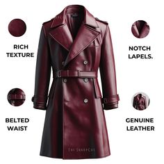 Etsy Product Description: Elevate your wardrobe with this timeless maroon leather trench coat. Crafted from premium leather, this coat offers a blend of style and functionality. The classic double-breasted design and belted waist create a sophisticated silhouette. Key Features: Premium Leather: Soft, durable, and luxurious. Double-Breasted Design: A timeless and elegant style. Belted Waist: Cinches the waist for a flattering fit. Notch Lapels: Adds a touch of sophistication. Functional Pockets: Maroon Leather, Leather Trench, Leather Trench Coat, Thanksgiving Gift, Winter Weather, Halloween Gift, Gift Christmas, Elegant Style, Winter Coat