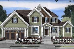 this is an artist's rendering of the front elevation of these country house plans