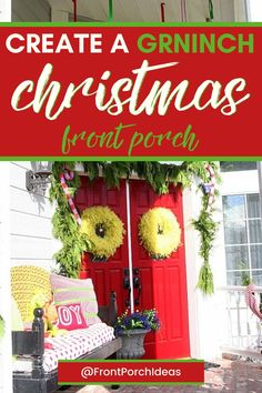 the front porch is decorated for christmas with wreaths on it and red doors that say,