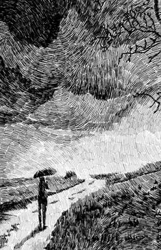 a black and white drawing of a person with an umbrella walking down a dirt road