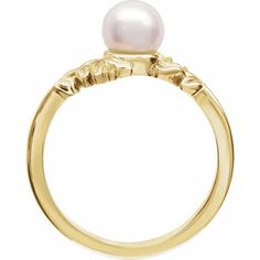 Adorable 14k Yellow gold Ring with floral design has an Akoya Pearl measuring 6 mm round. Ring Comes in a Size 6 Classic 14k Gold Round Flower Ring, Classic Round Flower Ring In 14k Gold, Classic Yellow Gold Round Flower Ring, Classic Yellow Gold Flower Ring, 14k Gold Solitaire Flower Ring, Elegant 14k Stamped Round Flower Ring, Elegant 14k Stamped Flower Ring, 14k Gold Round Flower Ring Fine Jewelry, Natural Jewelry Cleaner