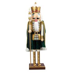 a wooden nutcracker with a crown on it's head and green pants