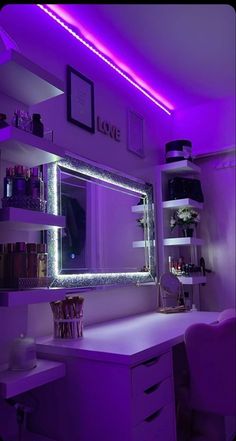 a room with purple lighting and a large mirror on the wall, along with shelves filled with items