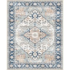 a blue and beige rug with an ornate design