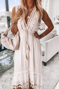 Details: Material: Polyester SIZE(IN) Bust Length S 34.6 54.3 M 36.2 54.7 L 37.8 55.1 XL 39.4 55.5 XXL 40.9 55.9 Boho Queen, White Lace Maxi Dress, White Lace Maxi, Beach Family Photos, Mid Calf Dresses, Beach Family, Tassel Dress, Maxi Robes, White Maxi