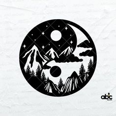 an image of mountains and trees with the moon in the sky above them on a white background