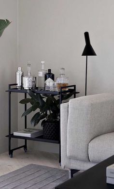 a living room filled with furniture and a plant on top of a table next to a couch