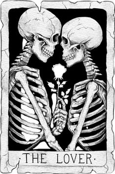 two skeletons with roses in their hands and the words, the lover written below them