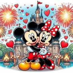 two mickey and minnie mouse hugging in front of a castle with fireworks behind them