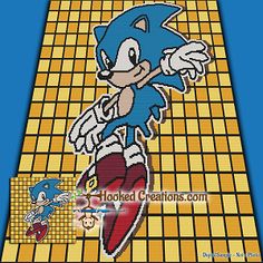 sonic the hedgehog cartoon character on a tiled floor with blue and yellow tiles in the background