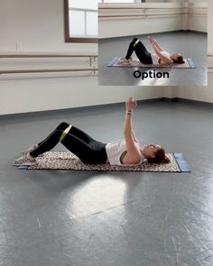 a woman doing an exercise on a mat with the caption option above her head