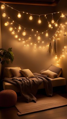 The combination of lights, decorations, and the wooden furniture creates an inviting atmosphere filled with warmth and holiday cheer. Led String Lights Bedroom, Bedroom Light Fittings, Colourful Bedroom, Bedroom Inspiration Cozy, Cozy Bedroom Decor, Scandinavian Dining Room, Lights Decorations, String Lights In The Bedroom, Fall Bedroom Decor