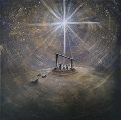 a painting of a manger scene with the birth of jesus in the center and stars above it