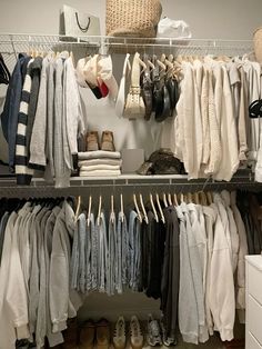 Organized Clothes Aesthetic, Cleaning Out Closet Aesthetic, Closet Wire Drawers, Clothes Wardrobe Aesthetic, Outfit Layout Aesthetic On Bed, Bags Wardrobe Closet, Wardrobe Aesthetic Ideas, Closet Filled With Clothes, Walk In Closet Get Ready Room