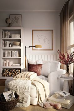 a living room filled with furniture and bookshelves